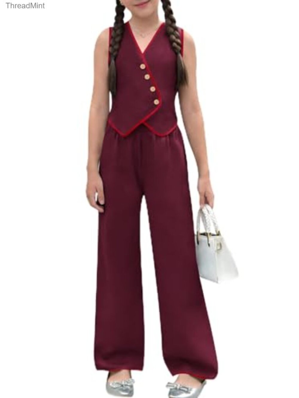 Girls Two Piece Vest Pant Set Viscose Blend Contrast Piping Dressy Suit